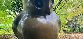 Image of owl made of bronze standing against a background of leaves and grass